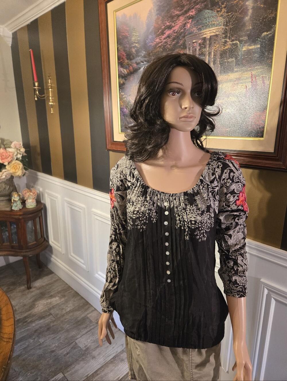 Black Floral Embroidered Women's Peasant Top